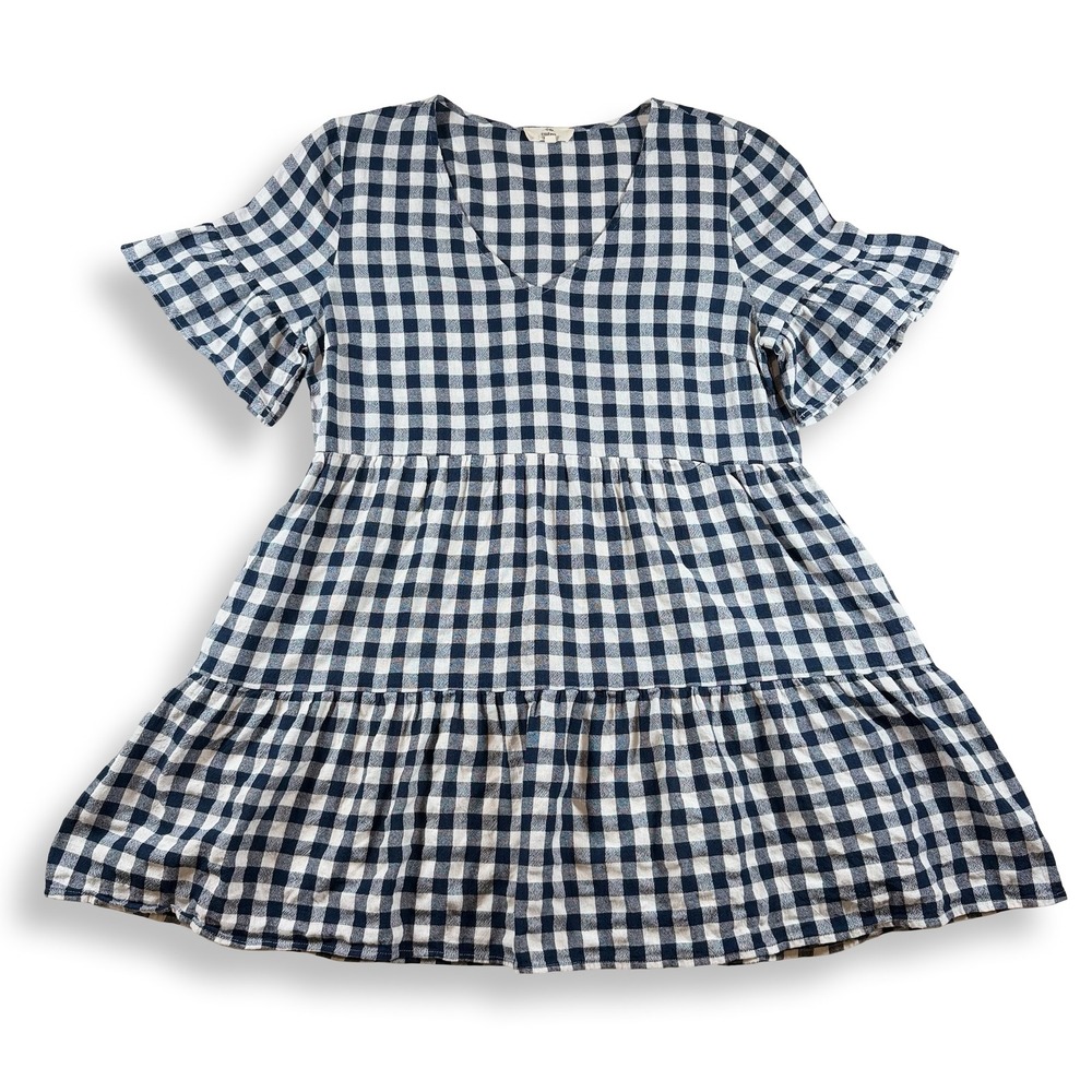 Entro Navy Blue White Gingham Babydoll Dress Tiered Ruffle Mini Large D15701